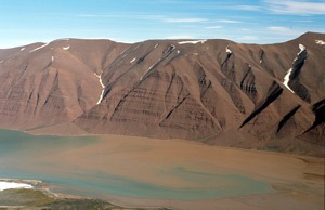 Red sandstone of Devonian age in Bockfjorden in northwestern Spitsbergen