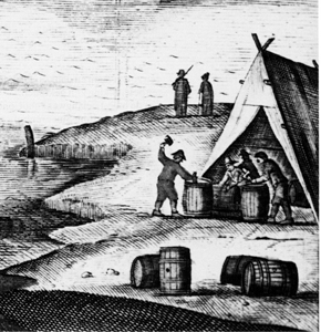Whalers busy securing the barrels (drawing)