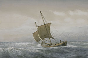 Akvarell av sjøgående fartøy kalt kotch