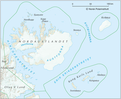 Kart over Nordaust Svalbard naturreservat