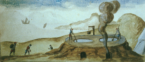 Watercolour painting of whalers boiling the whale blubber, heavy smoke covering the area.