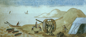 Watercolour of a whaling station, 1613.