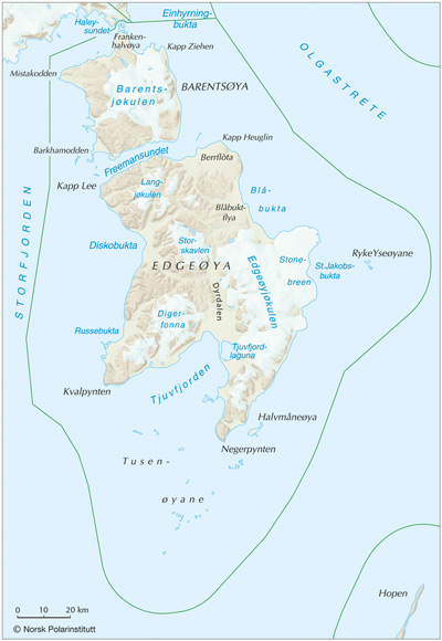 Kart over Søraust Svalbard naturreservat